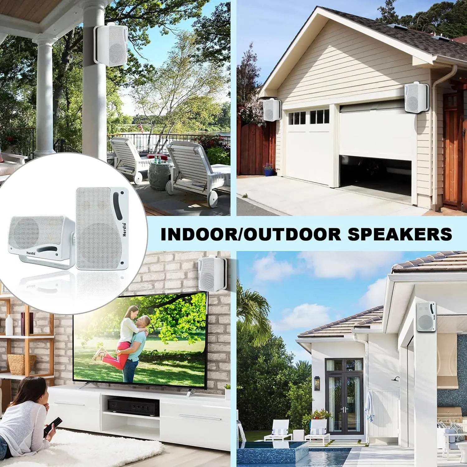 2PCS Waterproof Outdoor Wall-Mount Speakers – 200W 3-Way Passive Stereo Speakers (White)