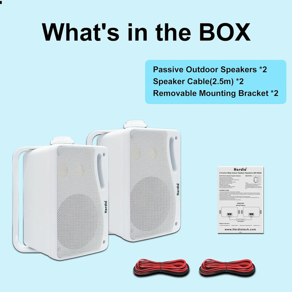 2PCS Waterproof Outdoor Wall-Mount Speakers – 200W 3-Way Passive Stereo Speakers (White)