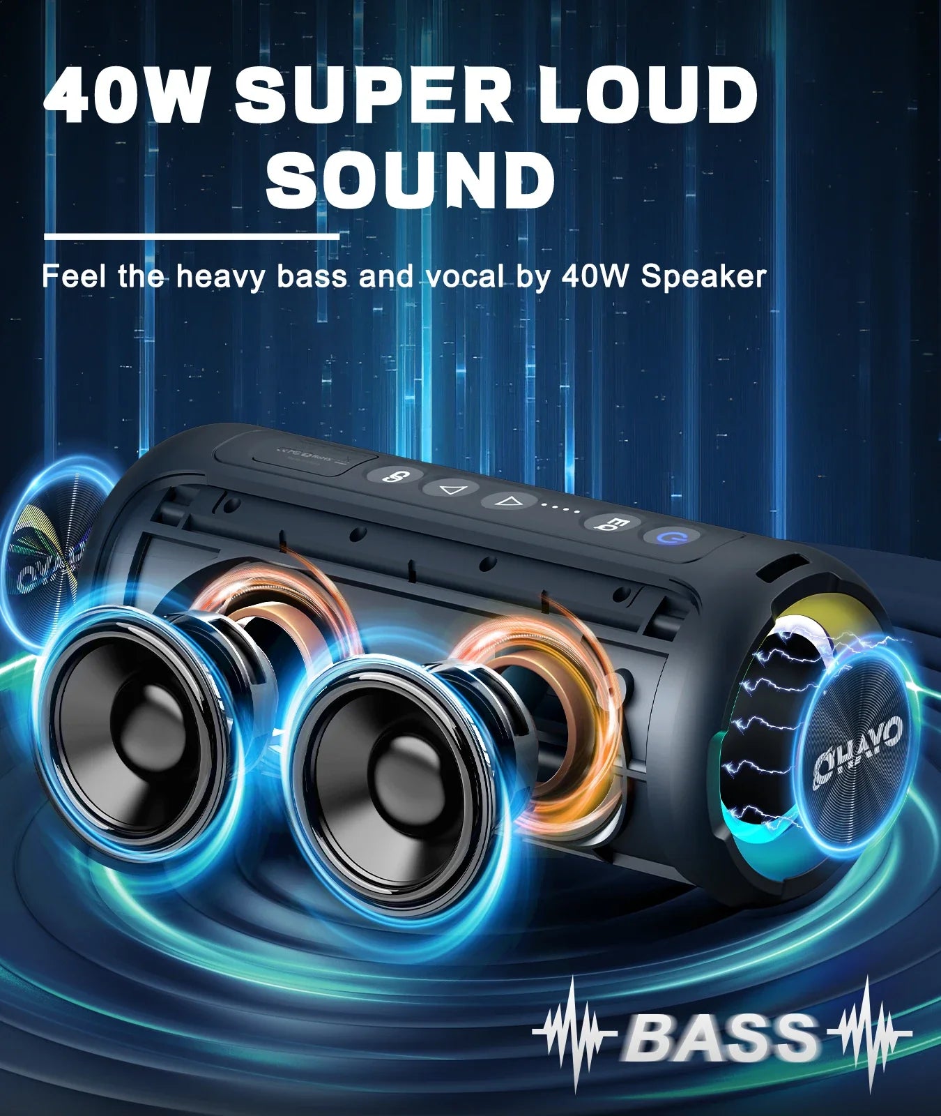 40W Waterproof Bluetooth Speaker with Deep Bass, LED Lights & 30H Playtime